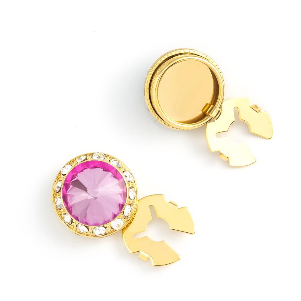 Men's Gold/Pink-3 Button Cover Cuff-Link With Crystal Stud Centered Surrounded By Crystal Studs - Suits & More