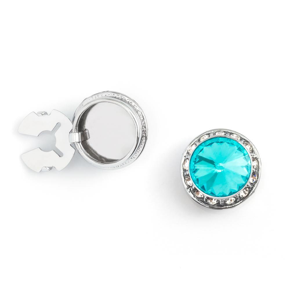 Men's Silver/Aquamarine Button Cover Cuff-Link With Crystal Stud Centered Surrounded By Crystal Studs - Suits & More