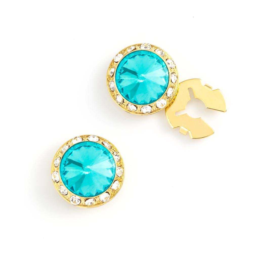 Men's Gold/Aquamarine Button Cover Cuff-Link With Crystal Stud Centered Surrounded By Crystal Studs - Suits & More