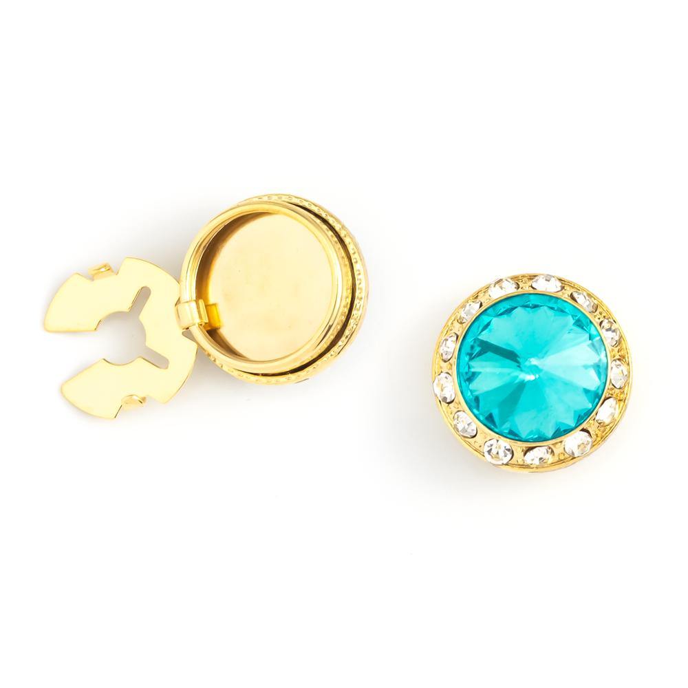 Men's Gold/Aquamarine Button Cover Cuff-Link With Crystal Stud Centered Surrounded By Crystal Studs - Suits & More