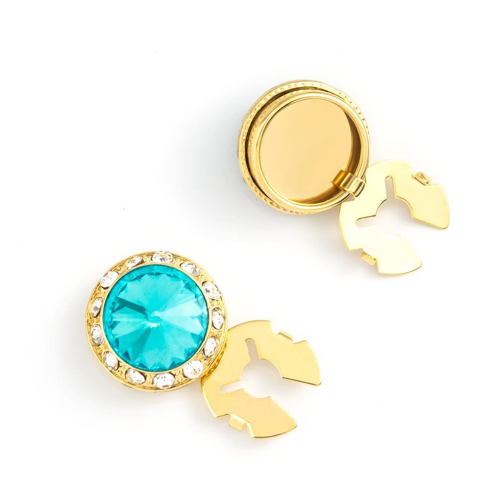 Men's Gold/Aquamarine Button Cover Cuff-Link With Crystal Stud Centered Surrounded By Crystal Studs - Suits & More