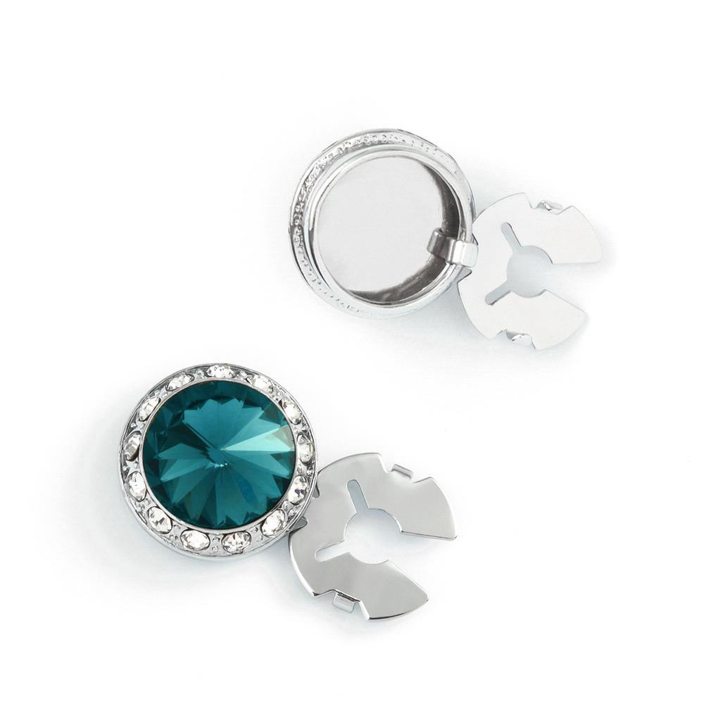 Men's Silver/Blue Zircon Button Cover Cuff-Link With Crystal Stud Centered Surrounded By Crystal Studs - Suits & More