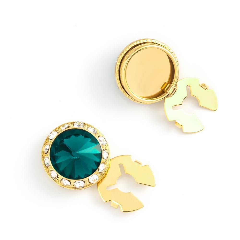Men's Gold/Blue Zircon Button Cover Cuff-Link With Crystal Stud Centered Surrounded By Crystal Studs - Suits & More