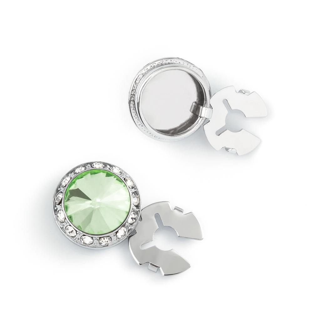 Men's Silver/Palace Green Button Cover Cuff-Link With Crystal Stud Centered Surrounded By Crystal Studs - Suits & More