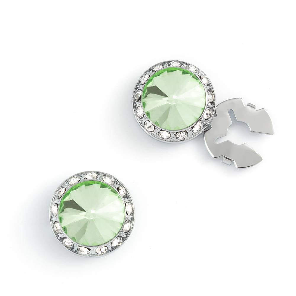 Men's Silver/Palace Green Button Cover Cuff-Link With Crystal Stud Centered Surrounded By Crystal Studs - Suits & More