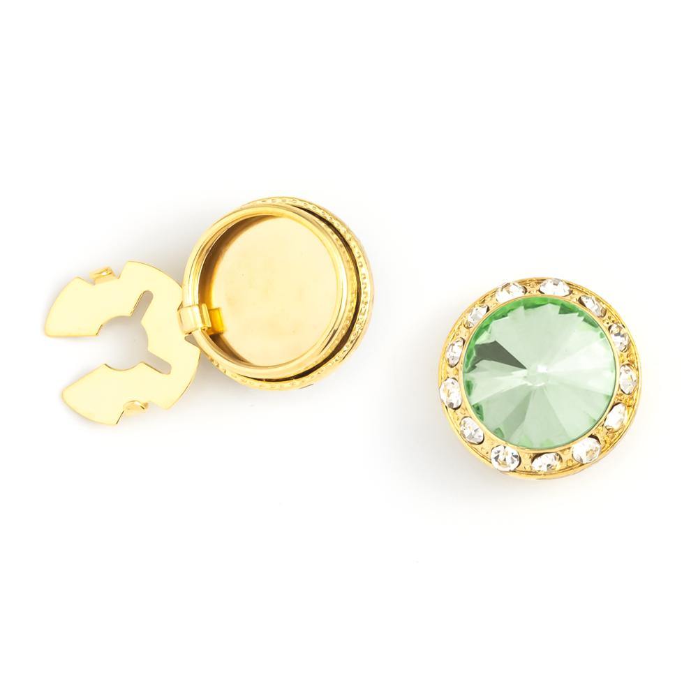 Men's Gold/Palace Green Button Cover Cuff-Link With Crystal Stud Centered Surrounded By Crystal Studs - Suits & More