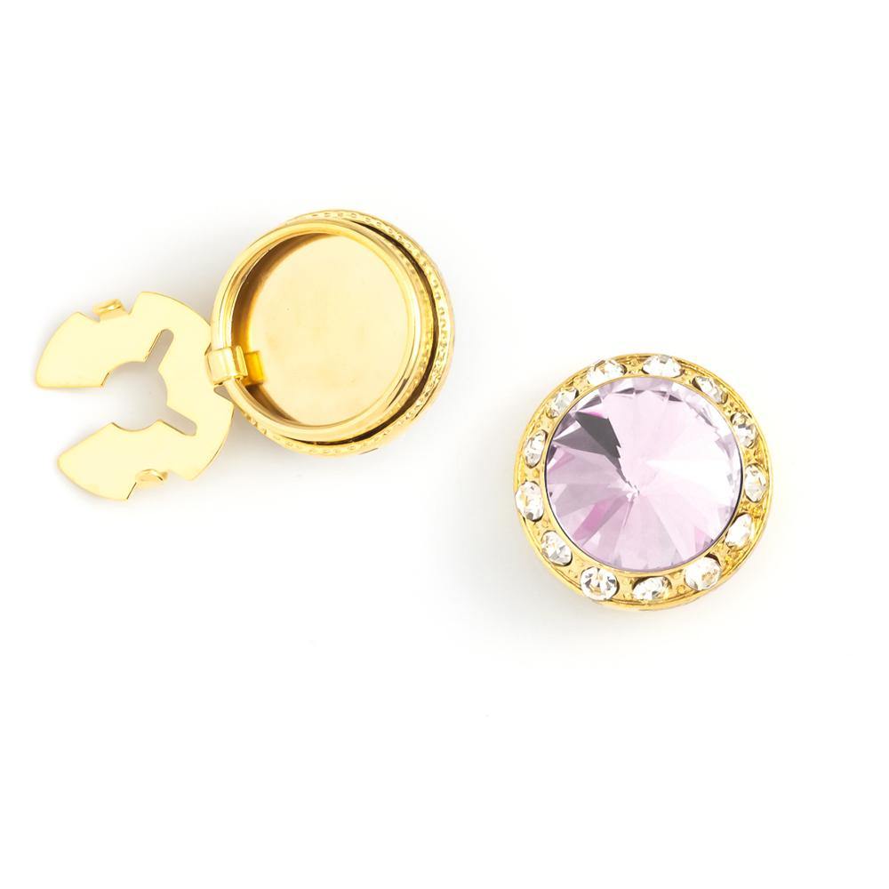 Men's Gold/Violet Button Cover Cuff-Link With Crystal Stud Centered Surrounded By Crystal Studs - Suits & More