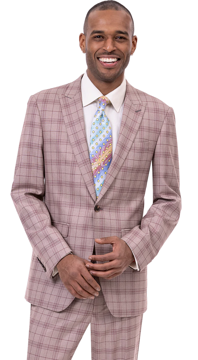 Pale Pink Plaid Three Piece Long Fit Fashion Suit – Suits & More