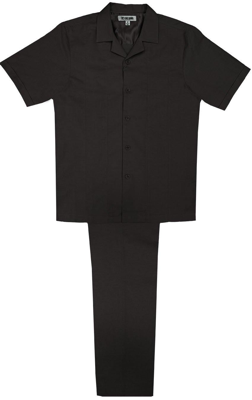 Solid Black 2 Piece Basic Linen Short Sleeve Set 6720 - Suits & More