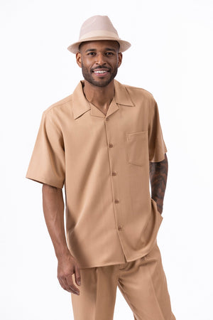Classic Collection: Tan Walking Suit 2 Piece Solid Color Short Sleeve Set 696