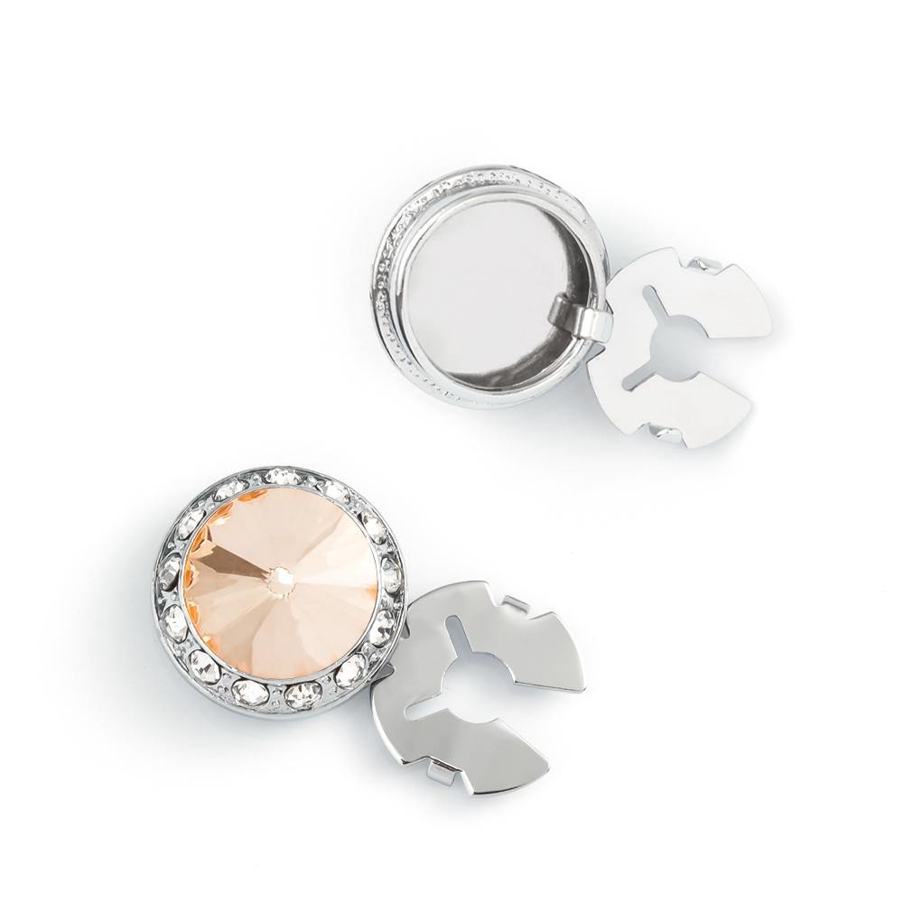 Men's Silver/Peach Button Cover Cuff-Link With Crystal Stud Centered Surrounded By Crystal Studs - Suits & More