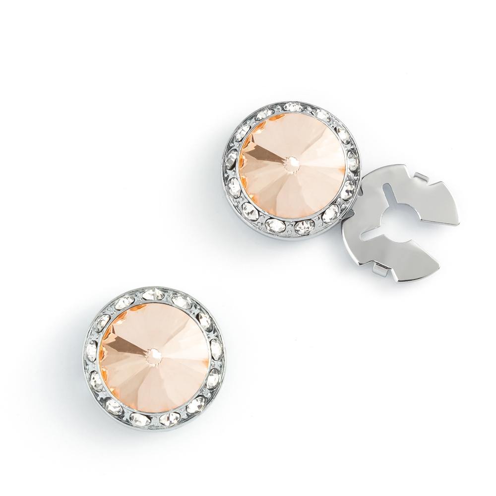Men's Silver/Peach Button Cover Cuff-Link With Crystal Stud Centered Surrounded By Crystal Studs - Suits & More
