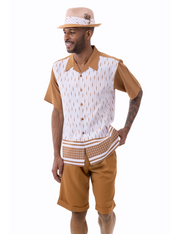 Montique Cognac Vertical Pattern With Design Walking Suit 2 Piece SHORTS SET 72303