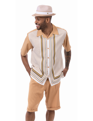 Urbchic Collection: Montique Cognac Symmetry Pattern Walking Suit 2 Piece SHORT PANTS Set 72308