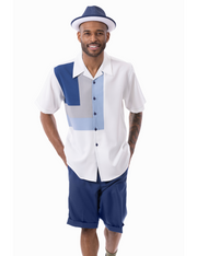 Montique Navy Square Pattern Walking Suit 2 Piece SHORT PANTS Set 72309