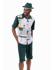 Montique Emerald Geometric Print Walking Suit 2 Piece SHORT PANTS Set 72313