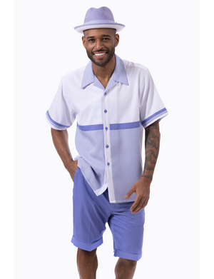 Lavender Houndstooth Horizontal Color Block 2-Piece Short Sleeve Walking Suit Shorts Set