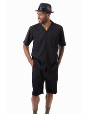 Montique Black Tone-on-Tone Textured Walking Suit - 2 Piece Short Pants Set