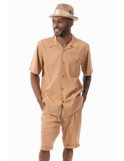 Montique Tan Tone-on-Tone Textured Walking Suit - 2 Piece Short Pants Set