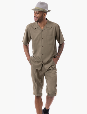 Plush Plains Collection: Montique Men's 2 Piece SHORTS SET Walking Suit Solid in Olive 7696