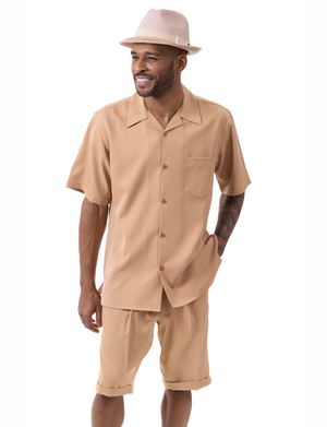 Plush Plains Collection: Montique Men's 2 Piece SHORTS SET Walking Suit Solid in Tan 7696