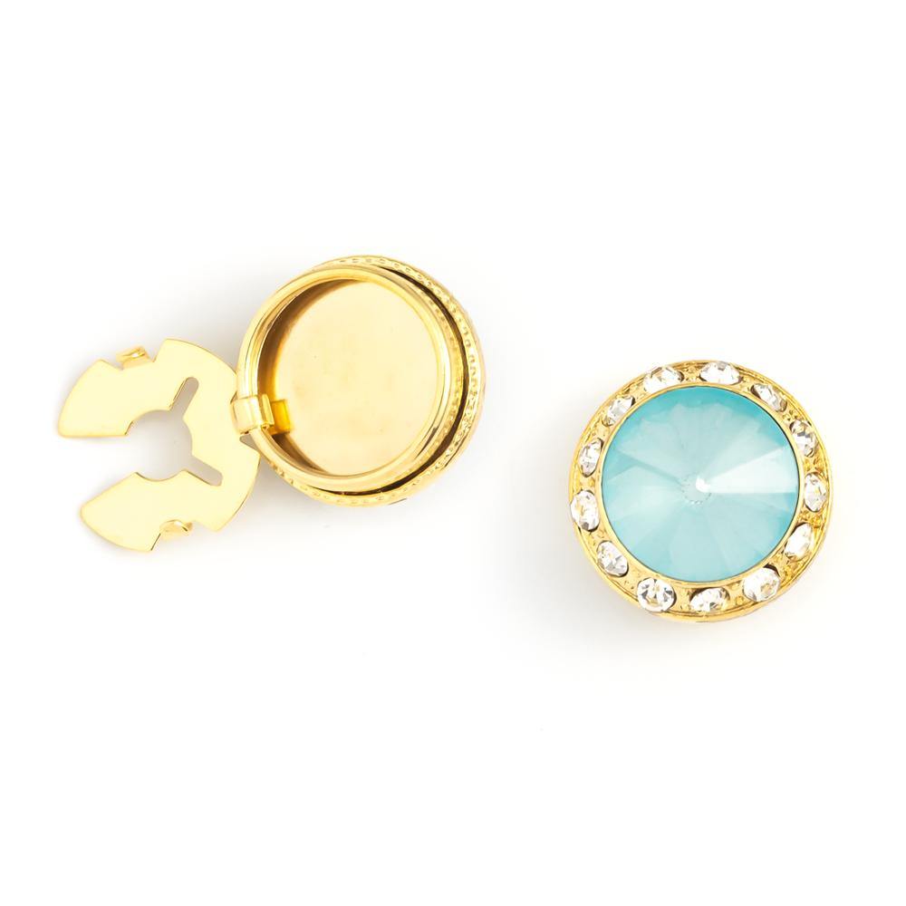 Men's Gold/Turquoise Button Cover Cuff-Link With Crystal Stud Centered Surrounded By Crystal Studs - Suits & More