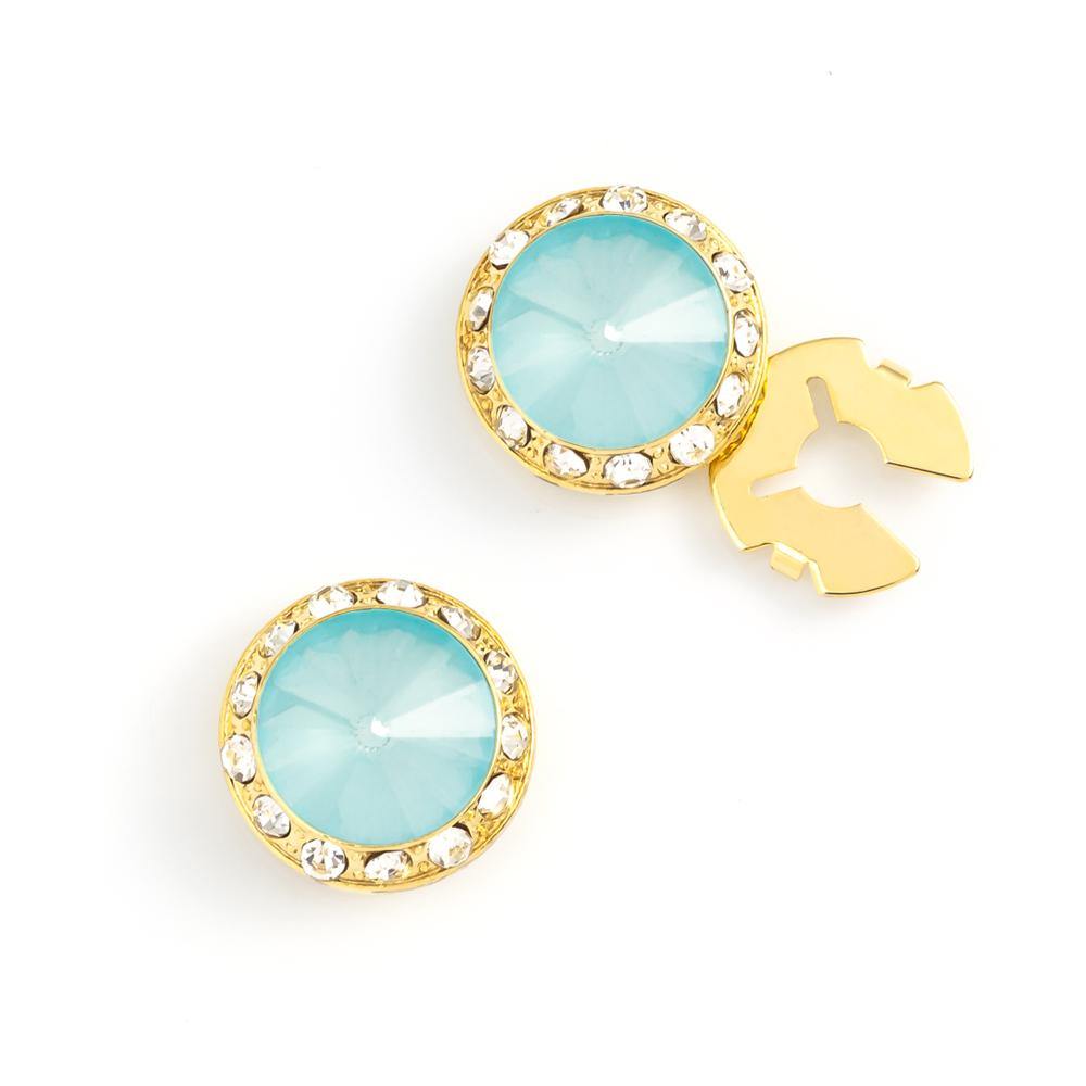 Men's Gold/Turquoise Button Cover Cuff-Link With Crystal Stud Centered Surrounded By Crystal Studs - Suits & More