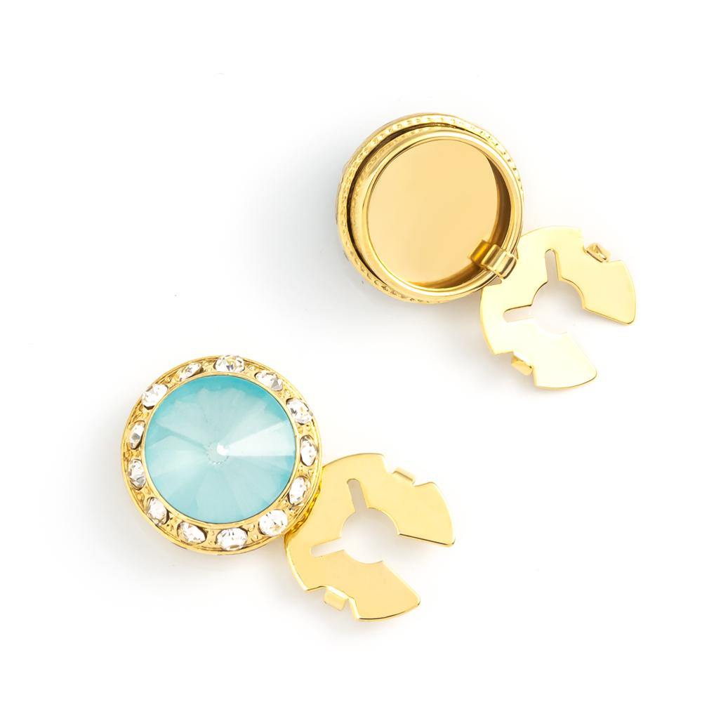 Men's Gold/Turquoise Button Cover Cuff-Link With Crystal Stud Centered Surrounded By Crystal Studs - Suits & More
