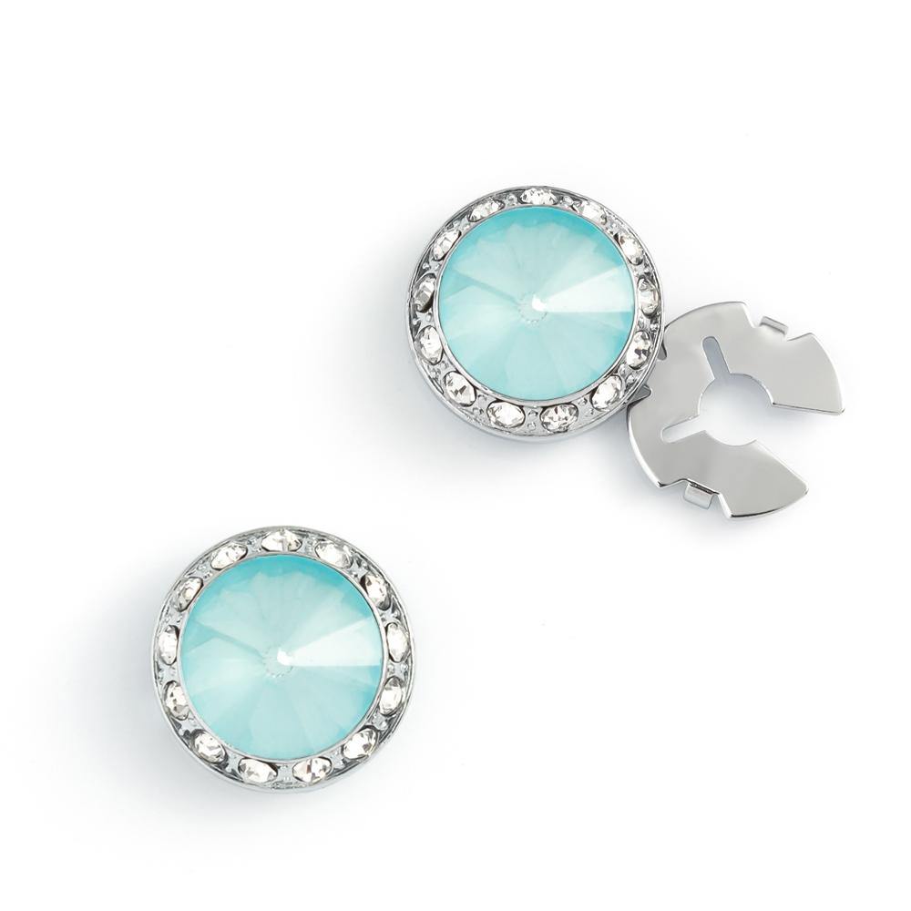 Men's Silver/Turquoise Button Cover Cuff-Link With Crystal Stud Centered Surrounded By Crystal Studs - Suits & More
