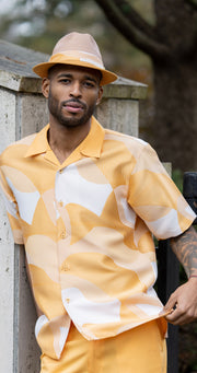 Montique Gold Abstract Design Walking Suit 2 Piece Short Sleeve Set 2204