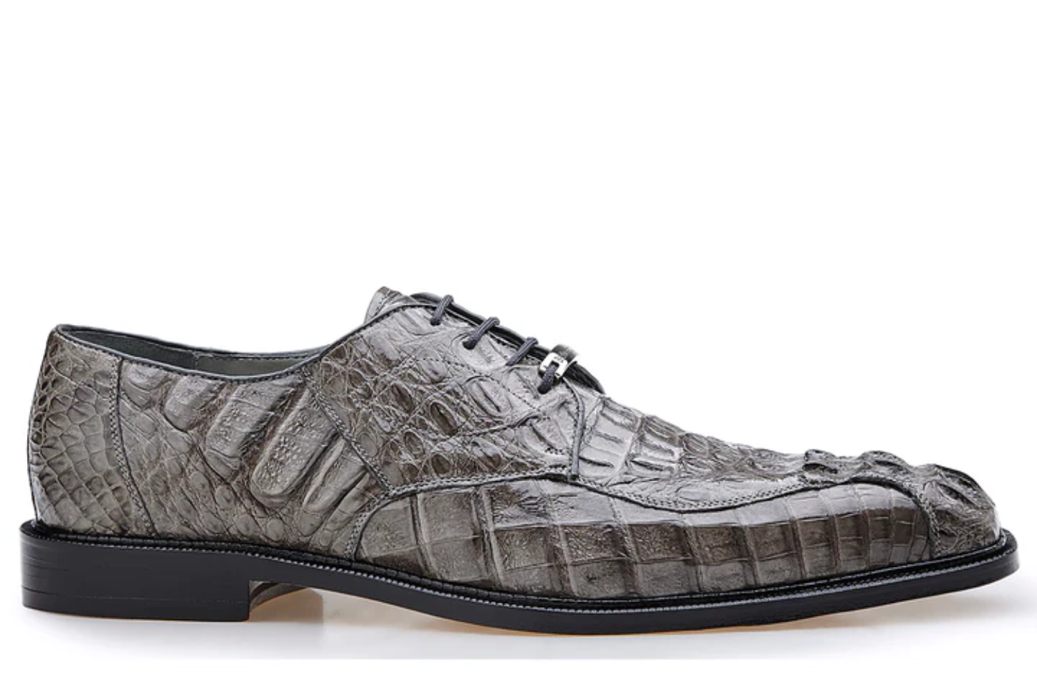 Side profile of grey caiman lace-up dress shoe