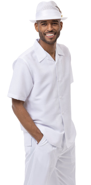 Tone On Tone White Walking Suit 2 Piece Horizontal Stripe Short Sleeve Set 2222