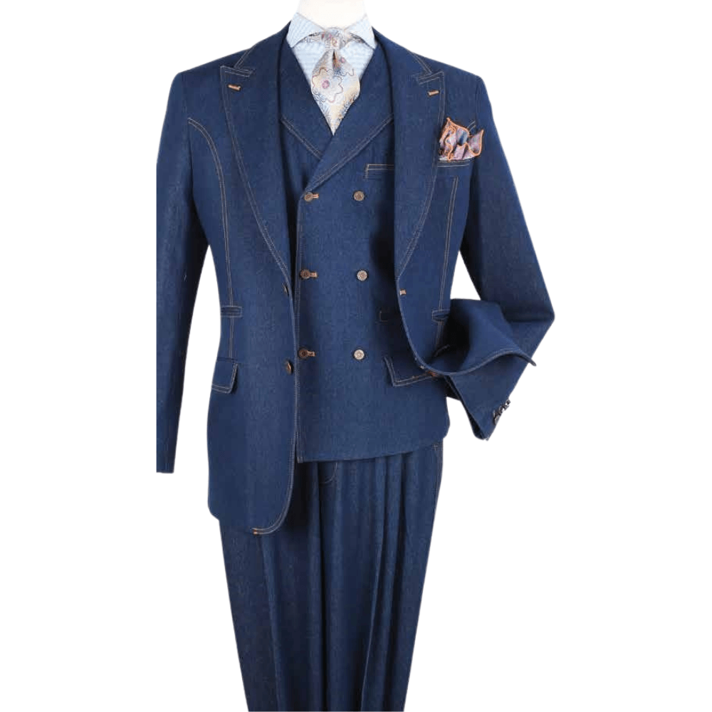 Blue 3 Piece Long Sleeve Long Fit Fashion Denim Suit - DEN10 - Suits & More