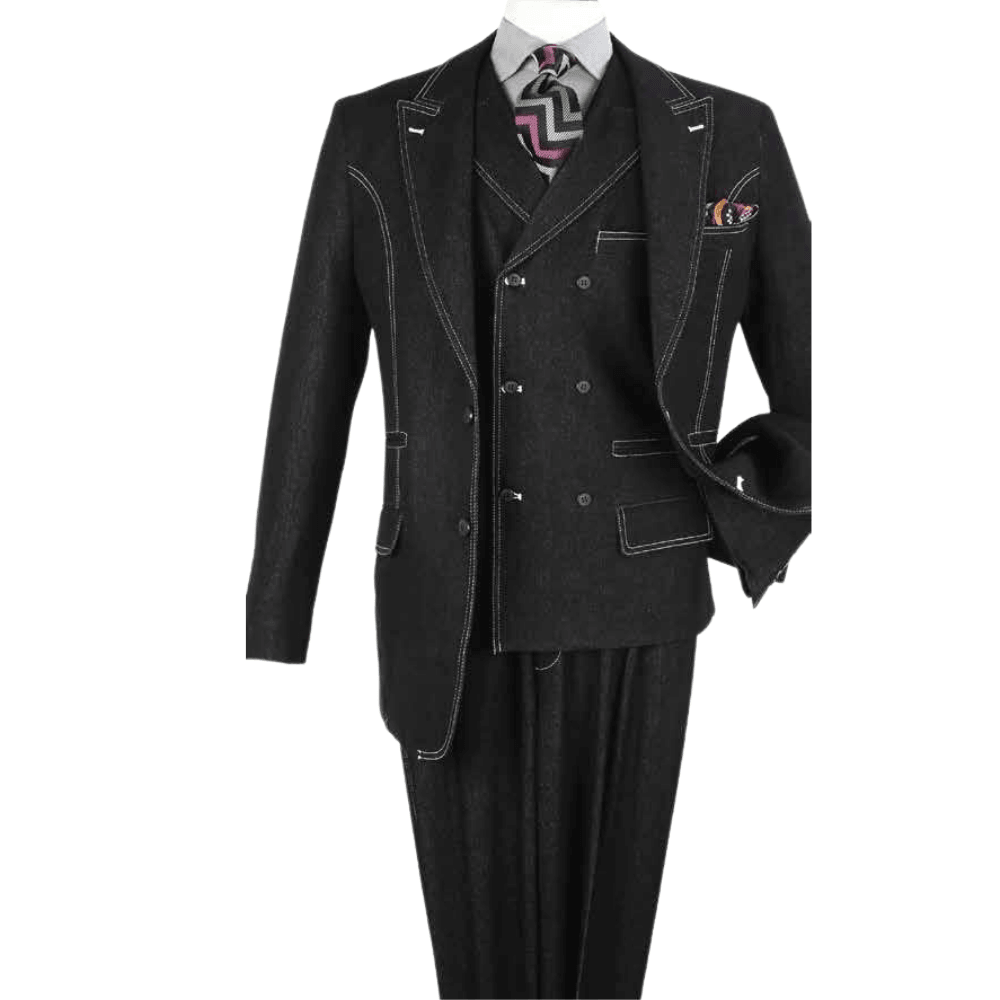 Black 3 Piece Long Sleeve Long Fit Fashion Denim Suit - DEN11 - Suits & More