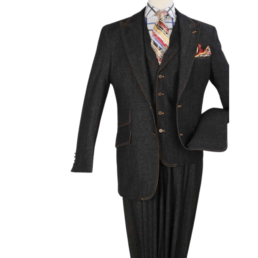 Black 3 Piece Long Sleeve Regular Fit Fashion Denim Suit - DEN2 - Suits & More