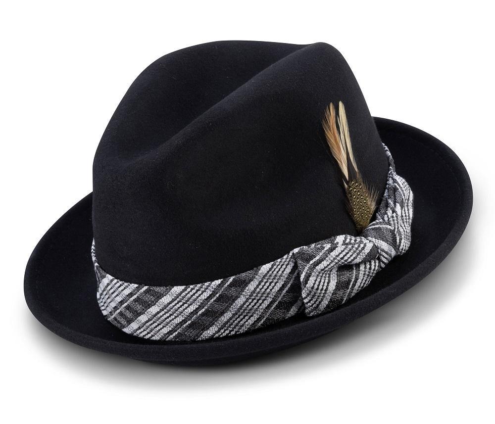 Montique Black 2" Brim Matching Ribbon Wool Felt Fedora Hat H-2112 - Suits & More