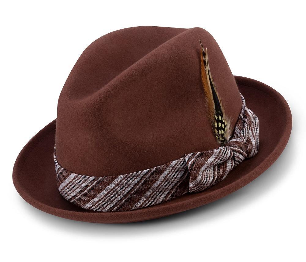 Montique Cognac 2" Brim Matching Ribbon Wool Felt Fedora Hat H-2112 - Suits & More