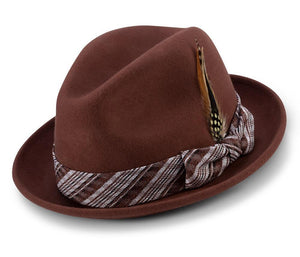 Montique Cognac 2" Brim Matching Ribbon Wool Felt Fedora Hat H-2112