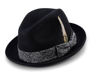 Black 2 Inch Brim Wool Felt Fedora with Ribbon and Feather by Montique