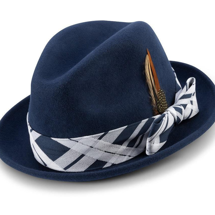 Montique Navy 2" Brim Matching Plaid Ribbon Wool Felt Dress Hat H-2136 - Suits & More