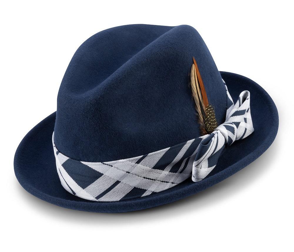 Montique Navy 2" Brim Matching Plaid Ribbon Wool Felt Dress Hat H-2136 - Suits & More
