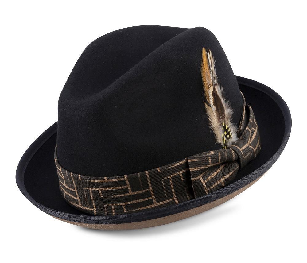 Montique Khaki Bottom 2" Brim Matching Band Black Wool Felt Dress Hat H-2177 - Suits & More