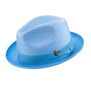 Montique Aqua 2" Brim Pinch Braided Fedora With Matching Ribbon Hat H-2305
