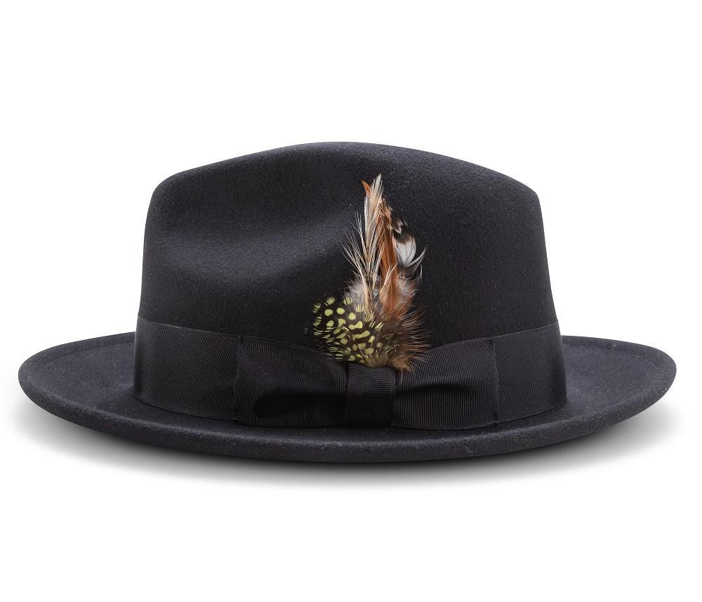 Montique Black Lightfelt 2 ½" Wide Brim Wool Felt Pinch Hat H-60 - Suits & More