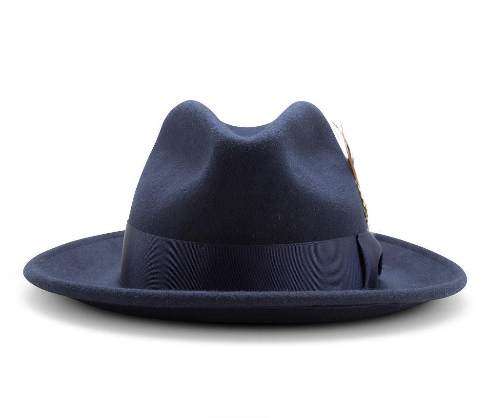 Montique Navy Lightfelt 2 ½" Wide Brim Wool Felt Pinch Hat H-60 - Suits & More