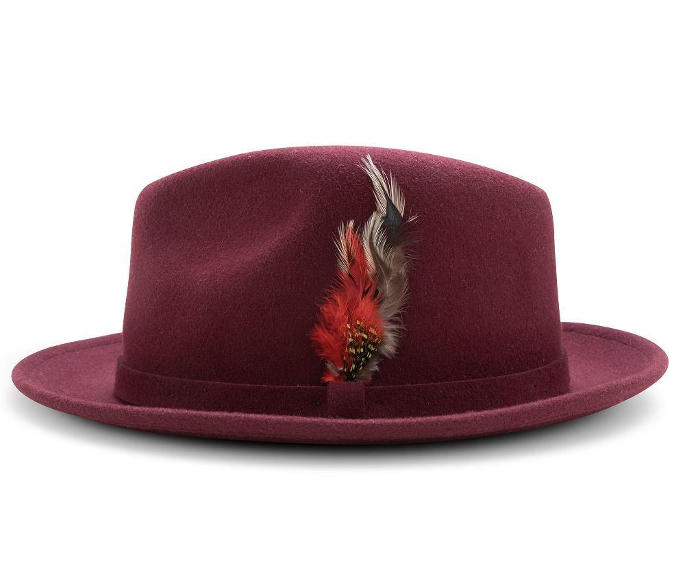 Montique Burgundy Small Felt Band 2 ¼ Brim Wool Felt Dress Hat H-62 - Suits & More