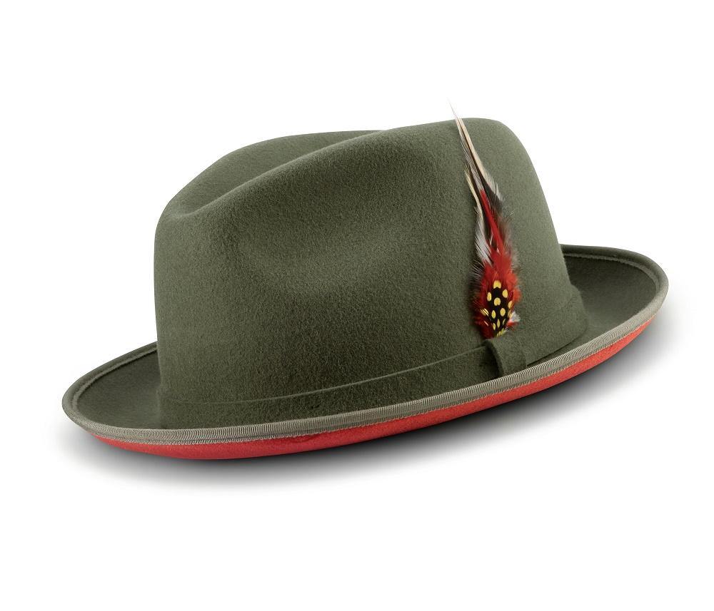 Montique Olive Small Felt Band 2 ¼" Brim Red Bottom Wool Felt Dress Hat H-74 - Suits & More