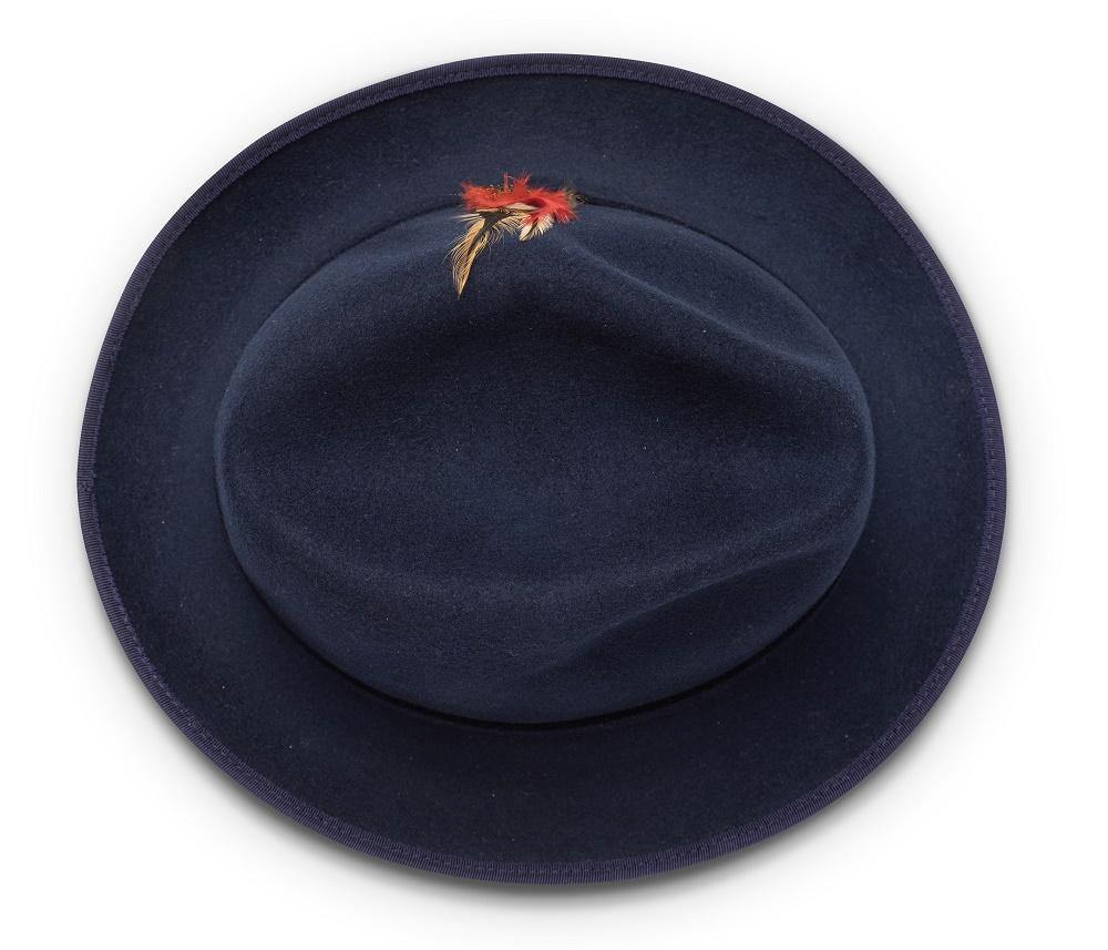 Montique Navy Small Felt Band 2 ¼" Brim Red Bottom Wool Felt Dress Hat H-74 - Suits & More