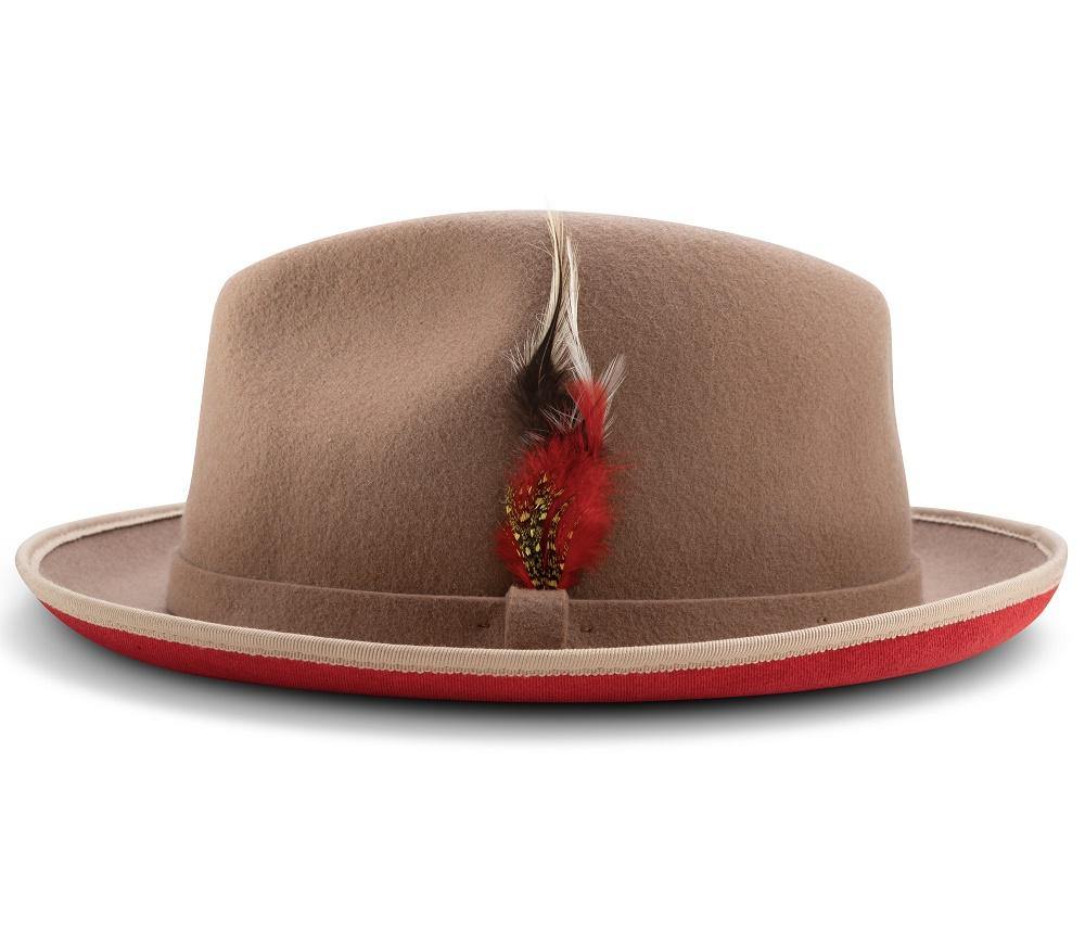 Montique Tan Small Felt Band 2 ¼" Brim Red Bottom Wool Felt Dress Hat H-74 - Suits & More