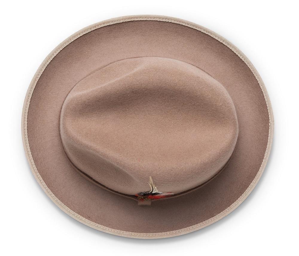 Montique Tan Small Felt Band 2 ¼" Brim Red Bottom Wool Felt Dress Hat H-74 - Suits & More